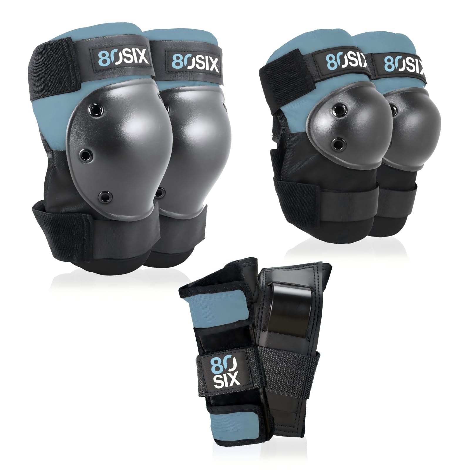 80SIX Kids & Adults Knee Pads Elbow Pads Wrist Guards 6 in 1 Protective Gear Set for Skateboard, Bike, Motorbike, Scooter, Roller Skates, Inline Skates & BMX Bike Multi-Sport, Stone Blue JR/XS