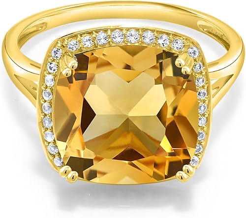 Gem Stone King Anillo de oro amarillo de 10 quilates con piedra natal y zafiro blanco creado para mujer, cojín de 0.472 in, anillo de compromiso de