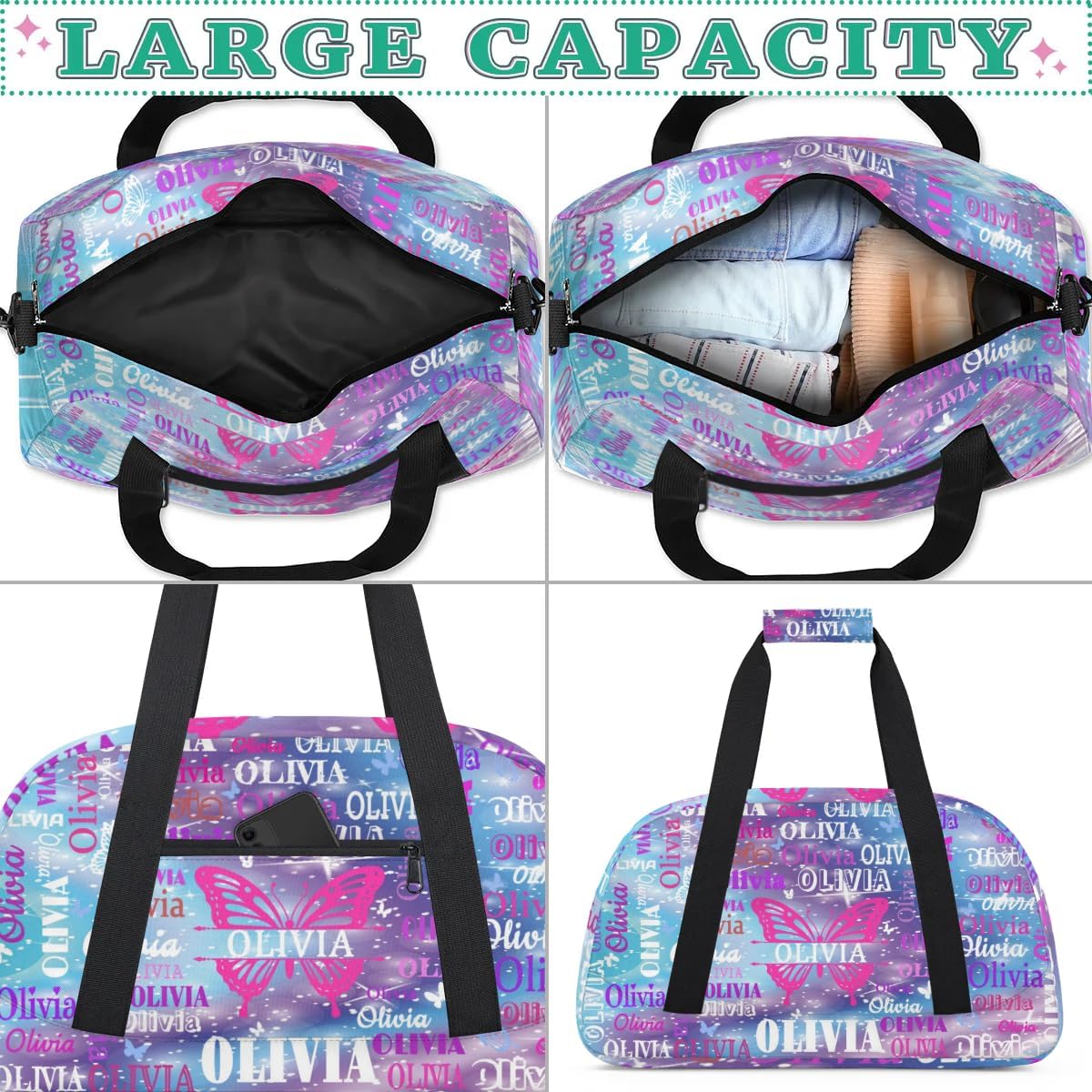 Custom Dance Ballet Bag with Butterflies, Personalized Duffle Bag with Name Overnight Bag Ballet Gym Duffle Bag for Travel Sleepover Bag, Purple Blue Galaxy with Stars