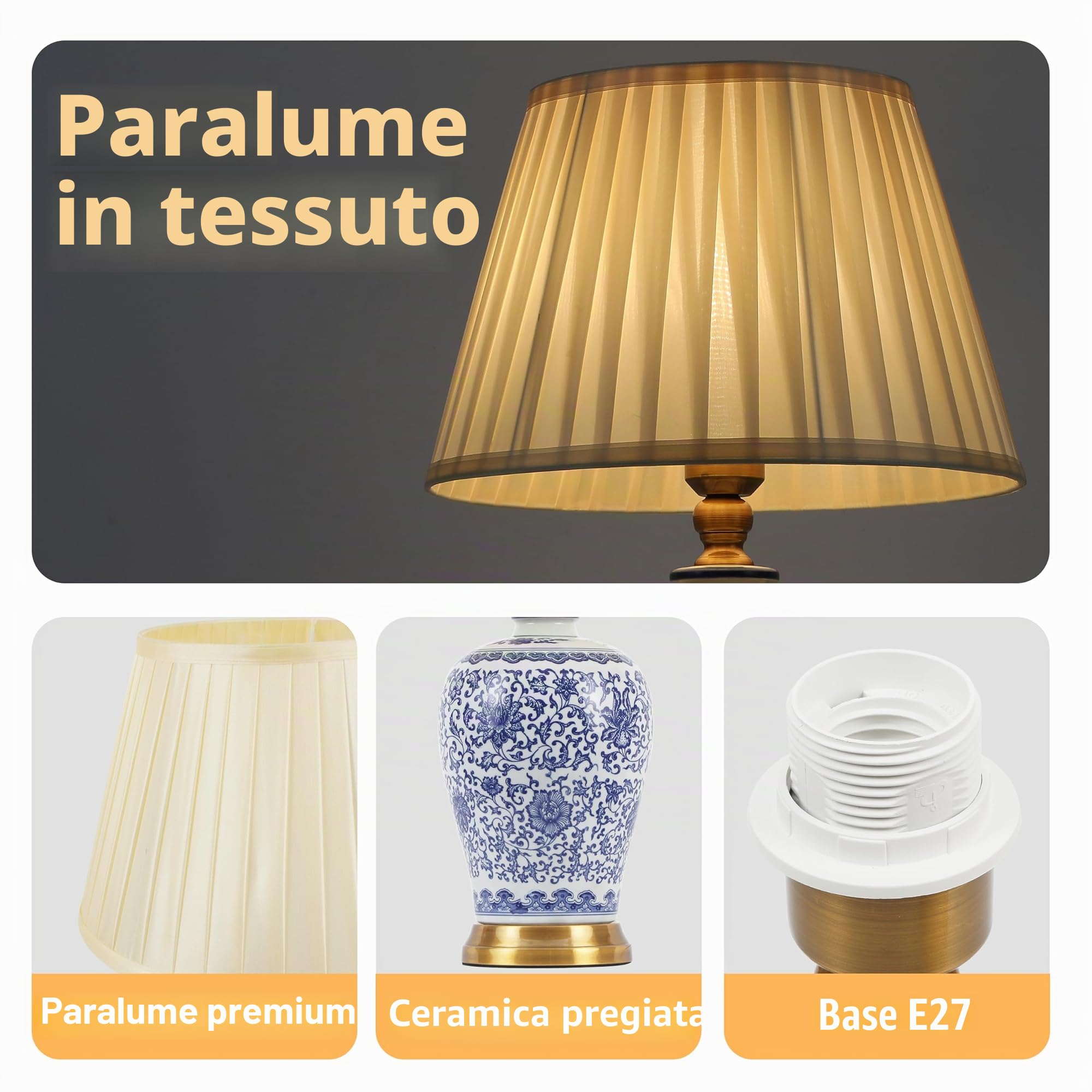Lampada Da Tavolo In Ceramica Retrò, Lampada Da Comodino In Tessuto, Lampada Da Lettura Per Camera Da Letto Vintage Paralume Bianco Lampada Da Scrivania Stile Moderno E27 (F 58Cm)