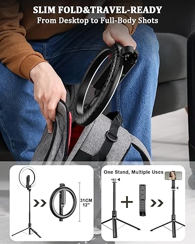 Miniatura 4 de Trípode de teléfono de 55 pulgadas y palo para selfie, soporte para teléfono celular con control remoto inalámbrico, soporte para teléfono con luz