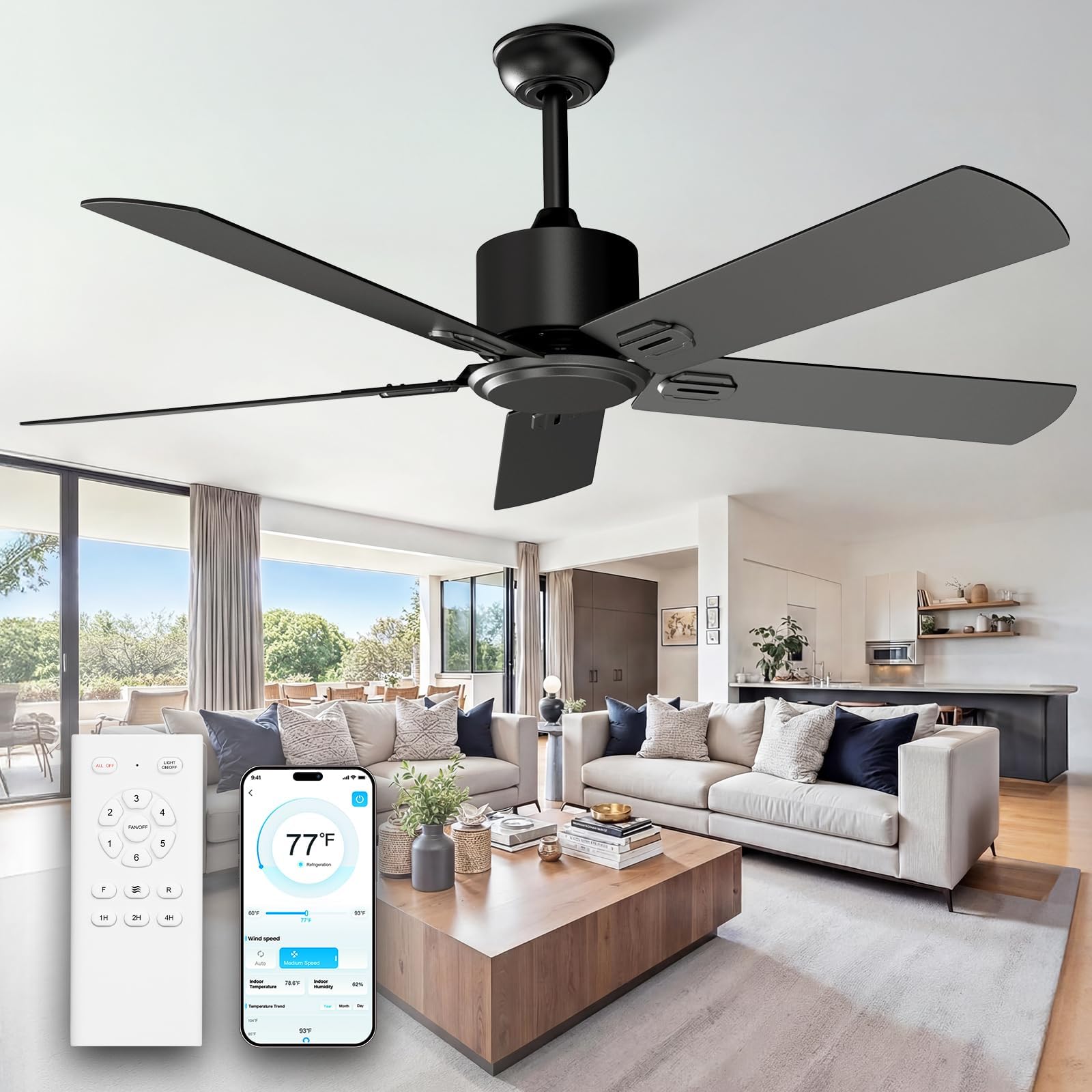 Obabala 52 Inch Ceiling Fan No Light, Modern Black Ceiling Fan Without Light with Remote & APP, Quiet Reversible DC Motor, 6-Speeds, for Living Room, Bedroom, Patio