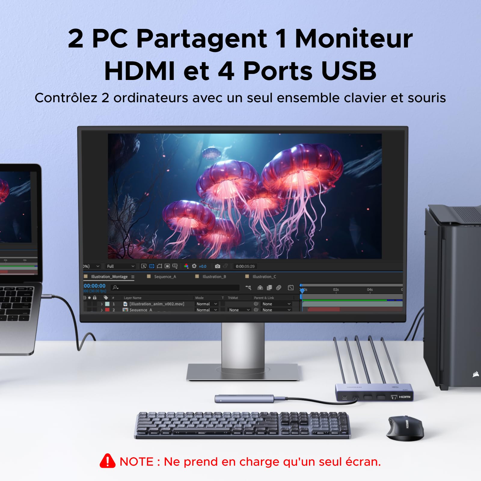 UGREEN KVM Switch HDMI USB C 4K 60Hz 2 Entrées 1 Sortie Commutateur KVM | 4 Ports USB 3.0 3A1C 5Gbps Compatible avec MacBook PS5 Ordinateur Hôte Steam Deck Câble HDMI et Câble USB-C Vidéo Inclus