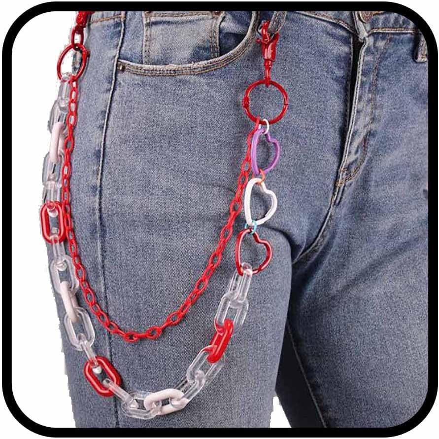 Bounzhi Cute Acrylic Pants Jean Chain Layered Keychain Punk Colorful Pendants Heart Pocket Trousers Chain Hiphop Rock Wallet Chains for Men and Women