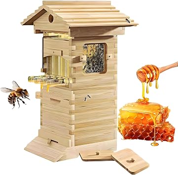 Self-Flow Hive Beehive Starter Kit,Flow Hive Beehive Starter Kit, with Observation Window & Honey Spout, with 4 Frames & 6 Trays for Garden Pollinators, Beginner-Friendly
