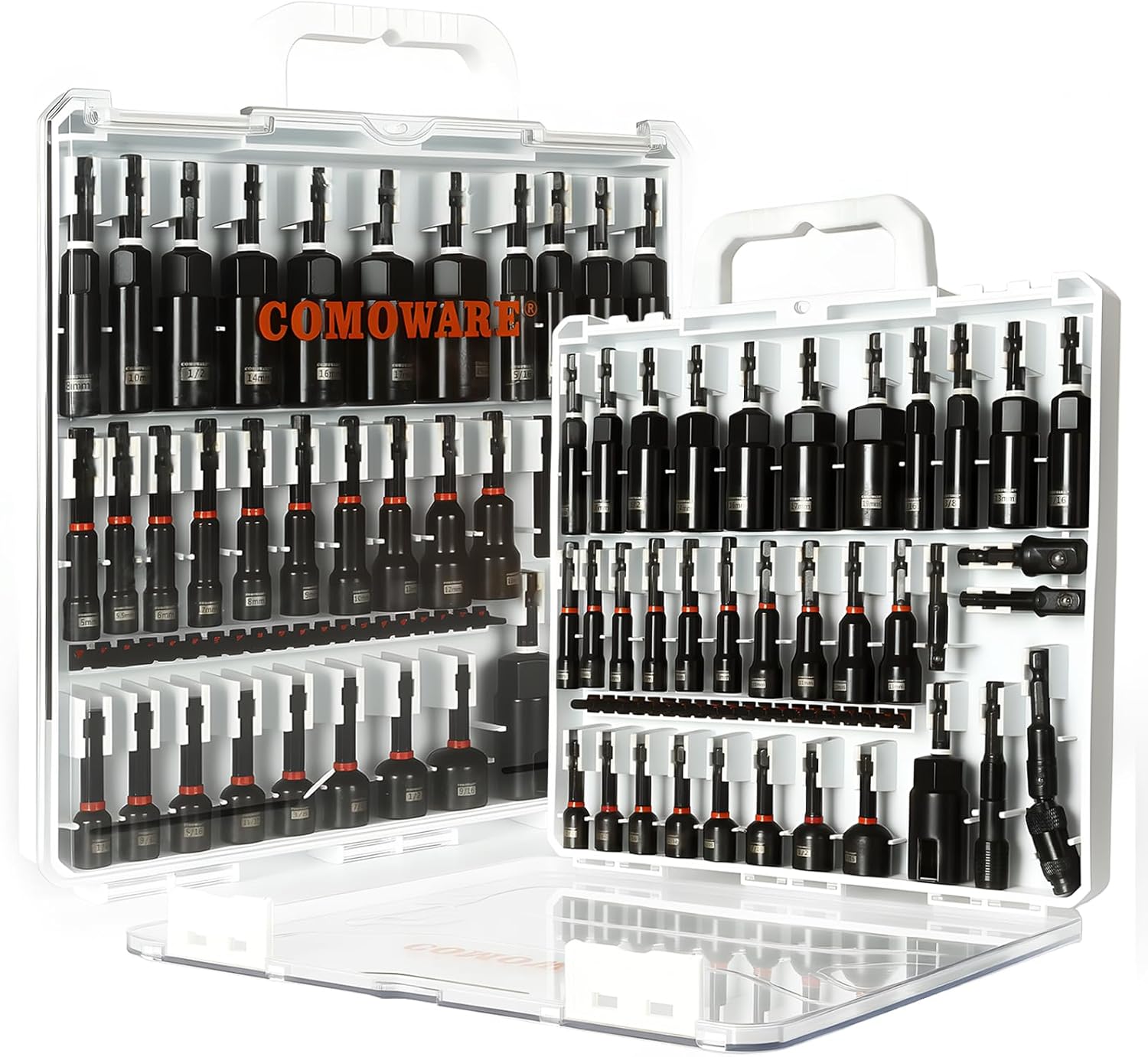 COMOWARE Magnetic Impact Nut Driver Set, 55Pcs Deep Nut Driver Set, Metric/SAE Sockets, Bit Extension, 1/4'' Quick Change, Cr-V Steel for Automotive & Industrial Use