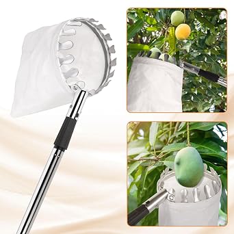 Polegas 4.2M Fruit Picker, Stainless Steel Apple Picker with Telescopic Handle, Tree Picker Tool with Lightweight Stainless Steel Connecting Pole & Fabric Bag, Fruit Grabber Easy to Assemble