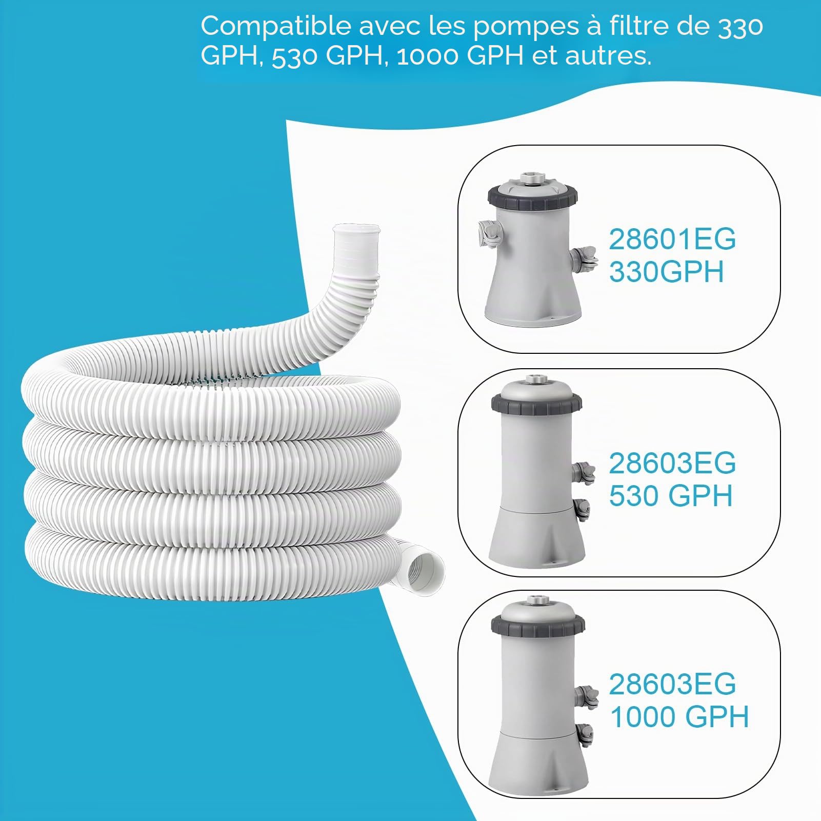 Tuyau pour raccords de piscine 300cm,Pour les raccords de piscine hors sol.Tuyau de rechange pour pompe de piscine.Raccord pour tuyau de filtre(blanc)