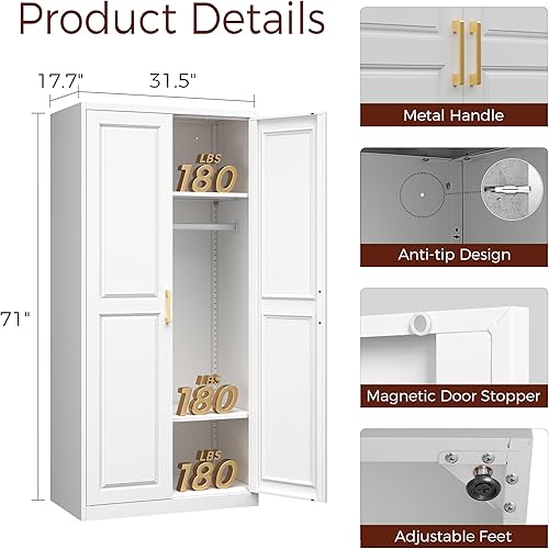 Miniatura 3 de Armario de metal con 2 puertas, armario de 71 pulgadas de alto con puertas, barra para colgar, cajones y estantes ajustables, armarios de