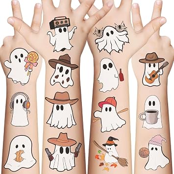60pcs Halloween Ghost Temporary Tattoos for Kids, Assorted Waterproof Ghost Temp Tattoo Sticker for Boys Girls Goody Bag Stuffers Prizes Party Favors10sheets White