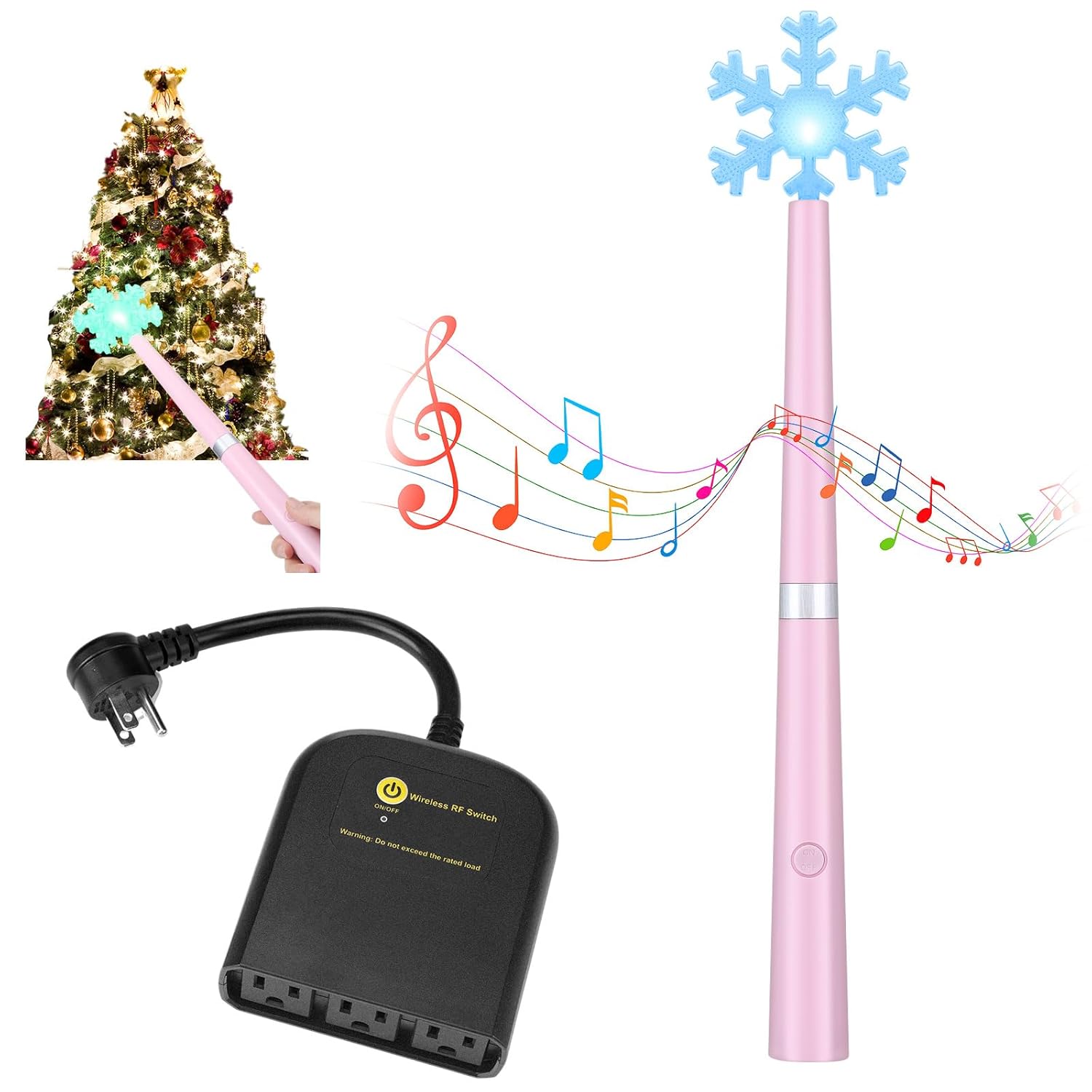 Magic Christmas Wand Wireless Remote Control Outlet, Christmas Tree Wand Lights Controller Xmas Decoration Outdoor Indoor Turn on Off Switch Kit with 100 Ft Range(Three 3-pin Plugs,Pink)