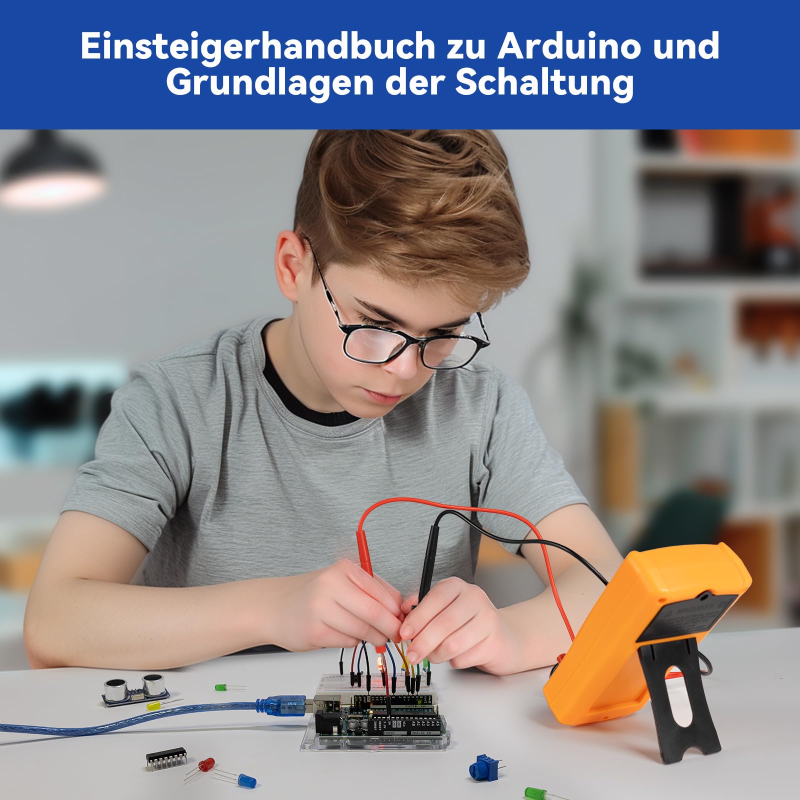 SunFounder Einsteiger-Labor-Starterkit mit Original Arduino Uno R3 REV3 Multimeter 34 Projekte 40+ Videokurse Steckbrett-Batterie, RoHS-konform, für Einsteiger und Ingenieure
