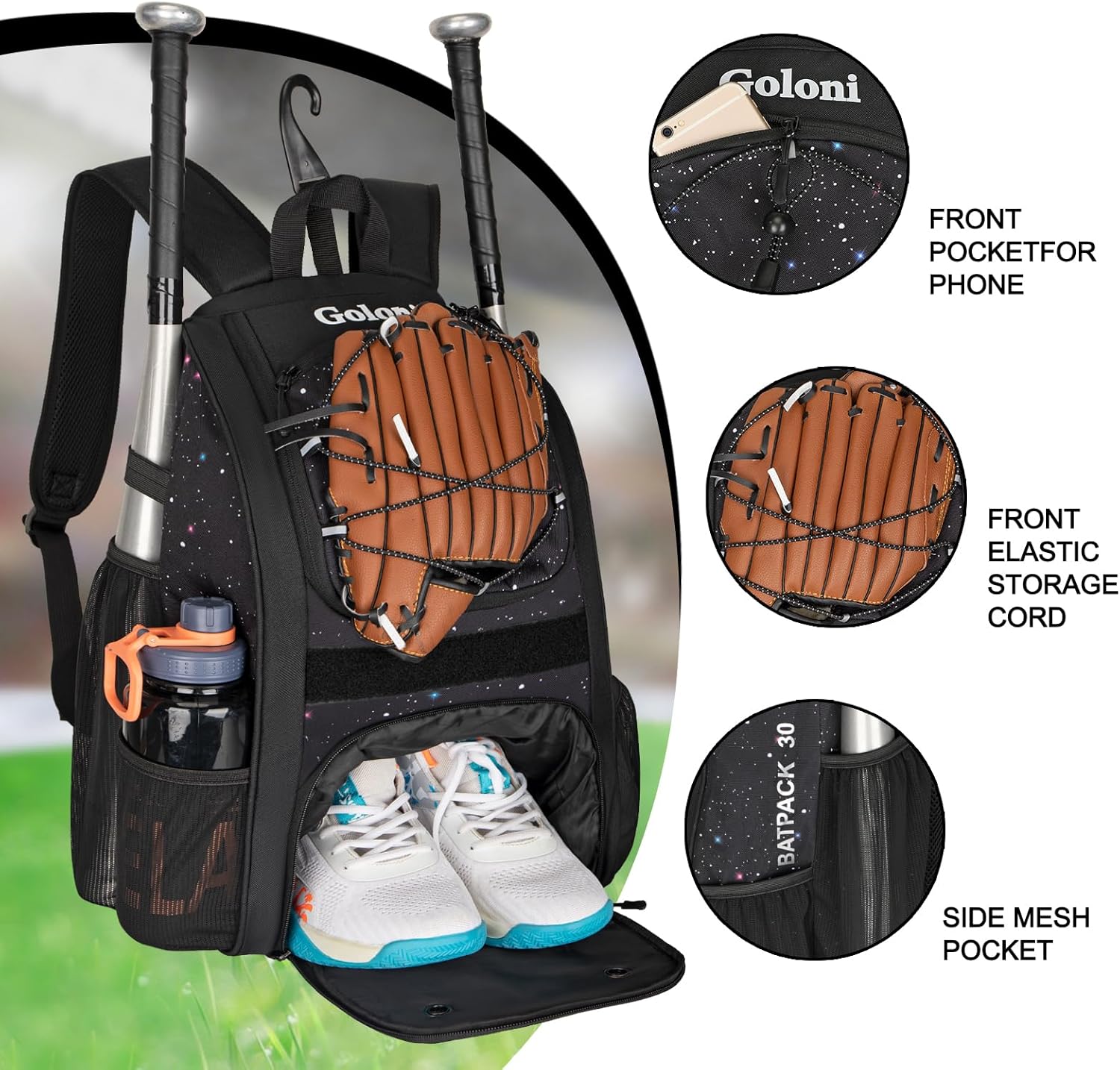 Goloni Youth Baseball Bag,Baseball Backpack with Shoes Compartment,Softball Bag with Fence Hook for T-Ball Bat & Equipment - Image 4