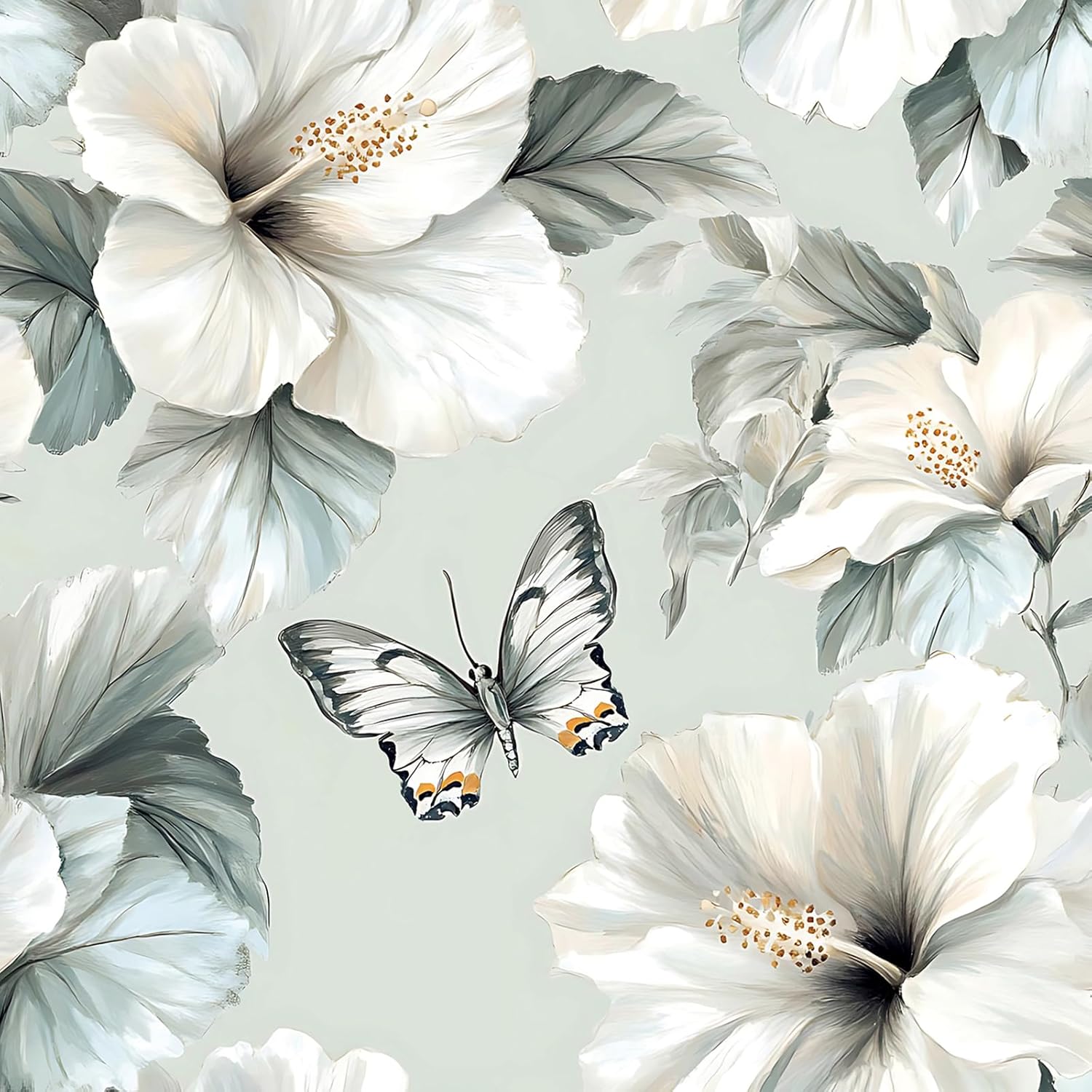 Floral Peel and Stick Wallpaper White Flower Contact Paper 16.9inch x 118.1inch Oil Painting Modern Wall Paper Butterfly Removable Large Floral Decorative Wallpaper Flower Waterproof Vinyl