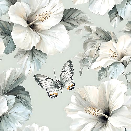 Floral Peel and Stick Wallpaper White Flower Contact Paper 16.9inch x 118.1inch Oil Painting Modern Wall Paper Butterfly Removable Large Floral Decorative Wallpaper Flower Waterproof Vinyl