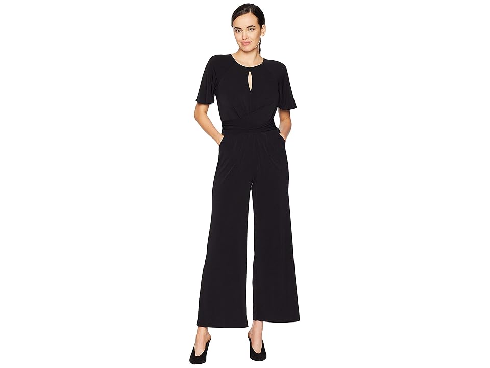 

eci Keyhole Neck Tie Front Jersey Jumpsuit (Black) Women's Jumpsuit & Rompers One Piece