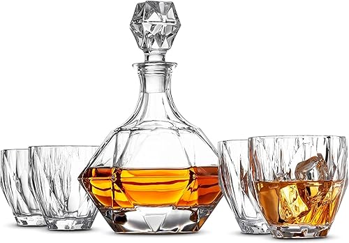 Juego de decantador de whisky Diamond Design – Juego de regalo de 11 piezas con 1 decantador, 4 vasos y 6 piedras de enfriamiento – Elegant Barware