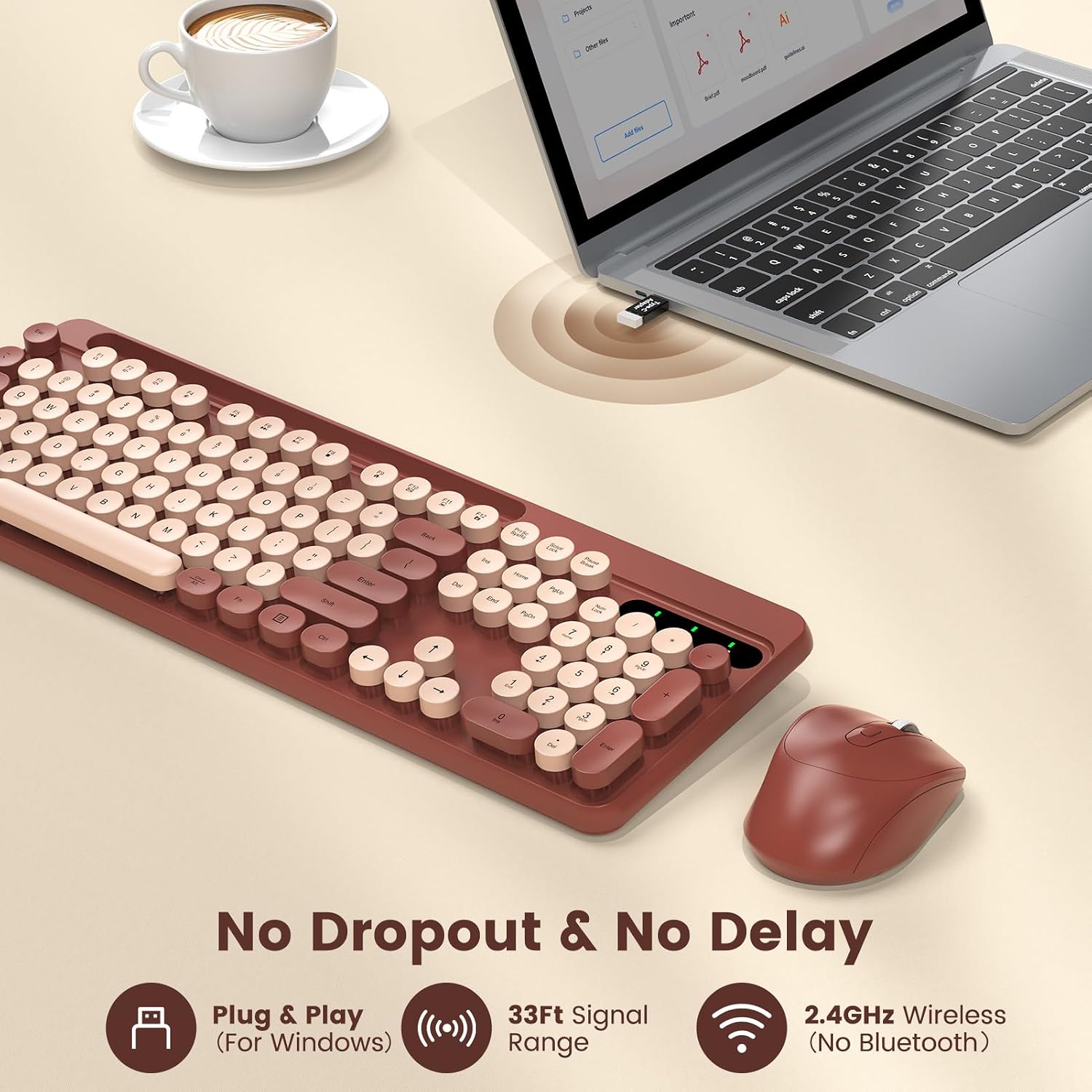 Wireless Keyboard and Mouse Combo, Retro Round Keycaps, Full-Size Stylish Typewriter Keyboard with Phone/Tablet Holder, Ergonomic Mouse with 3-Level DPI, 2.4GHz Connection for Windows/PC (Burgundy)