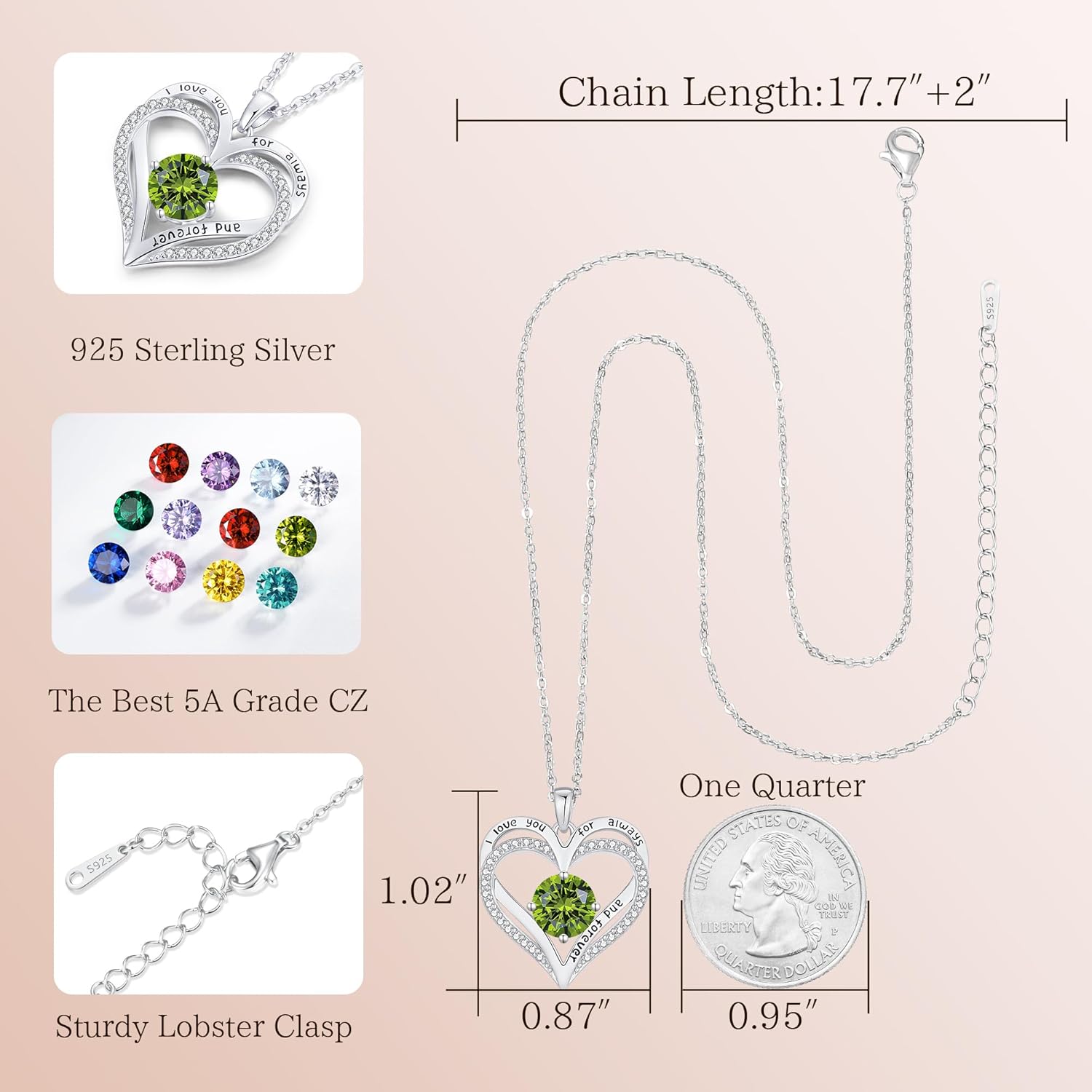 LOUISA SECRET Love Heart Birthstone Necklaces for Women, Birthday Gift for Girlfriend, Anniversary Jewelry Gift for Wife Her, 925 Sterling Silver Women Pendant Necklace, Mother's Day Christams Gift - Image 6