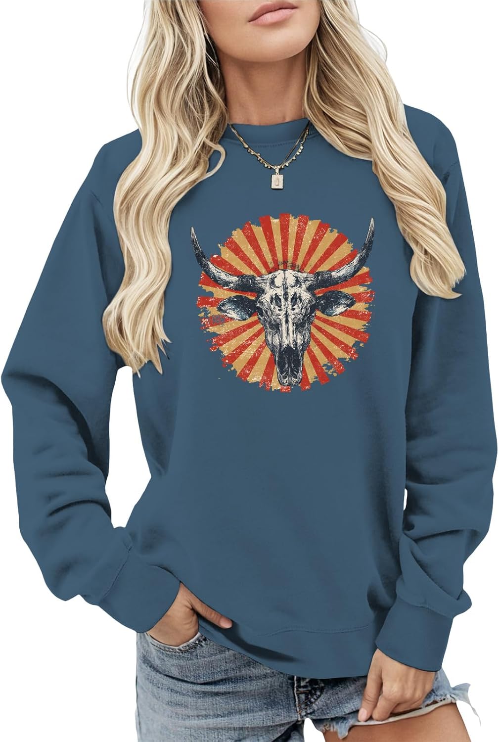 Fashion Womens Pattern Printed Gray Blue Round Neck Long Sleeve Cotton Blend Casual Loose Pullover Sweatshirt