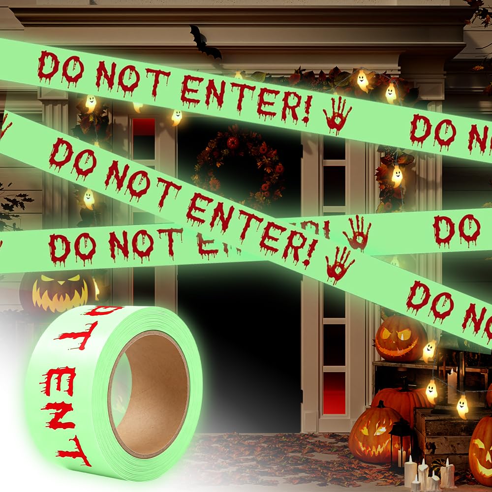 Agarte Glow in The Dark Halloween Decorations Caution Tape 2inx16.4ft Do Not Enter Scary Caution Tape, Halloween Hazard Tape for Parties Zombie Decor, Haunted Houses Safety Tapes, Garden
