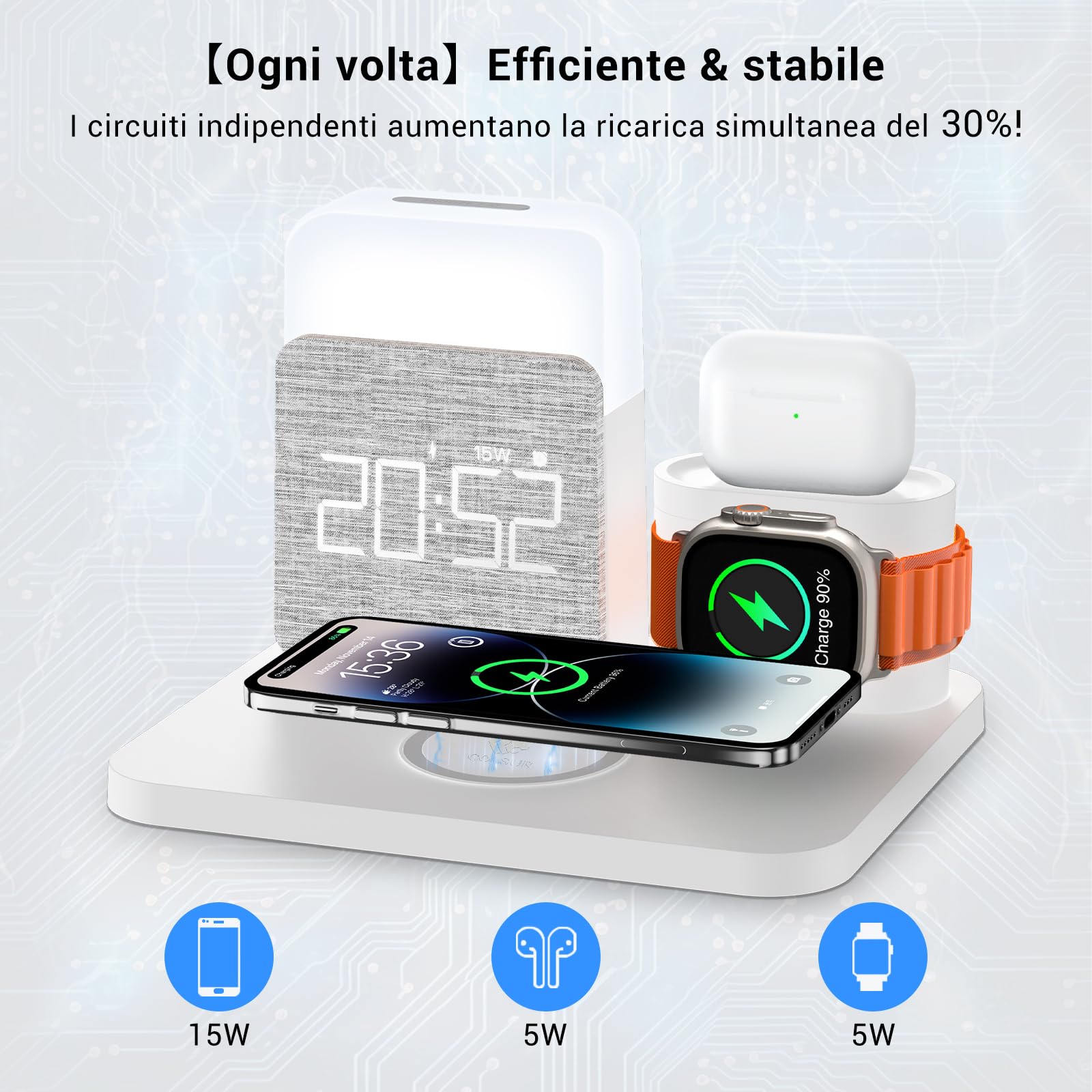 【2025 Upgrade】3 in 1 Caricatore Wireless iPhone Apple Watch AirPods, Caricabatterie per Samsung, Lampada da comodino touch, senza fili, 3 funzioni, sveglia, stazione di ricarica 16/15/14/13 accessori