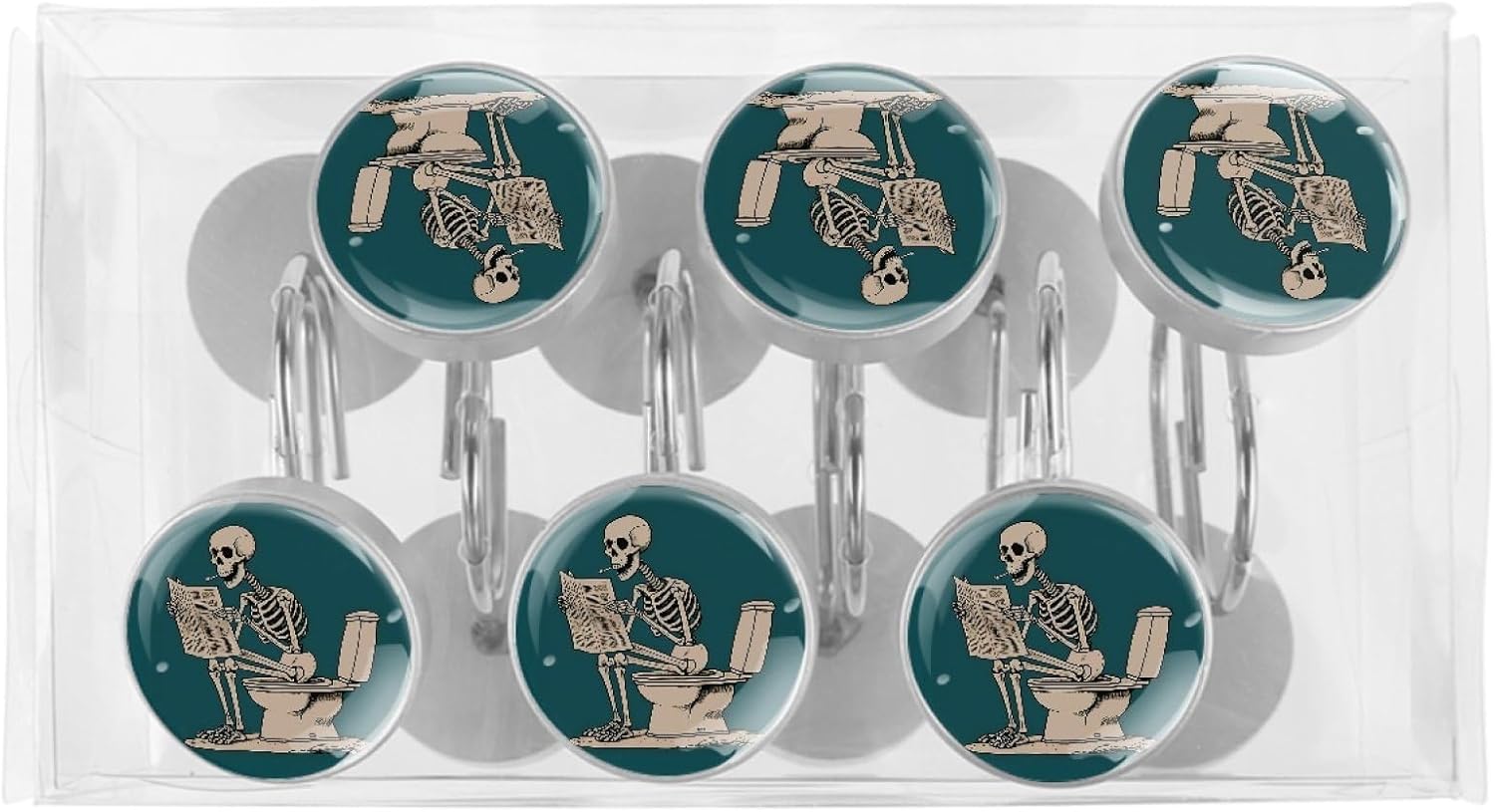 12 PCS Skeleton Seated on Toilet Shower Curtain Hooks, Rustproof Crystal Glass Shower Curtain Rings Decorative Shower Hooks, Round Shower Rings Hangers, Home Bathroom Bedroom Decor