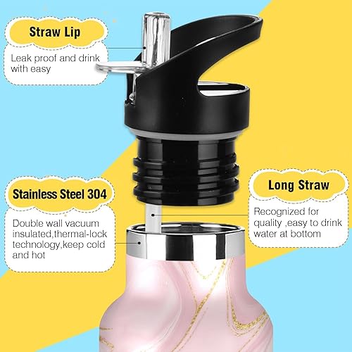Miniatura 3 de Botella de agua para niños, botella de agua aislada al vacío de acero inoxidable para viajes o escuela, 20 onzas, sin BPA, textura de mármol rosa