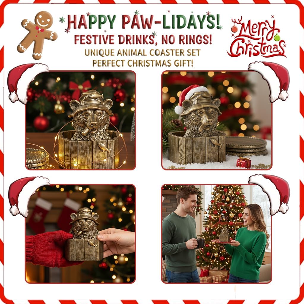 Cabin Coasters Set 6 Full Size Non-Slip Bar Coasters, Indoor Christmas Decorations, Man Cave Gifts for Men, Rustic Handmade Decor for The Home (Bear) - Image 6