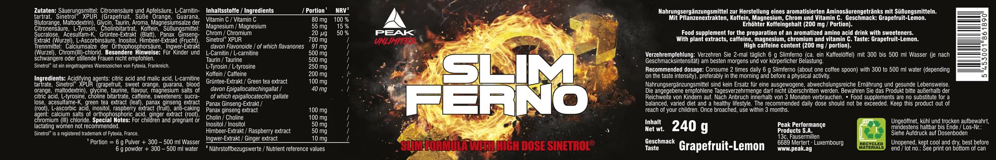 PEAK Slimferno - 240g Geschmack Grapefruit Lemon I 40 Portionen I Pulver I Sinetrol XPUR I mit Vitamin C I Chrom I Cholin I Diätunterstützung I Energiestoffwechsel I vegan