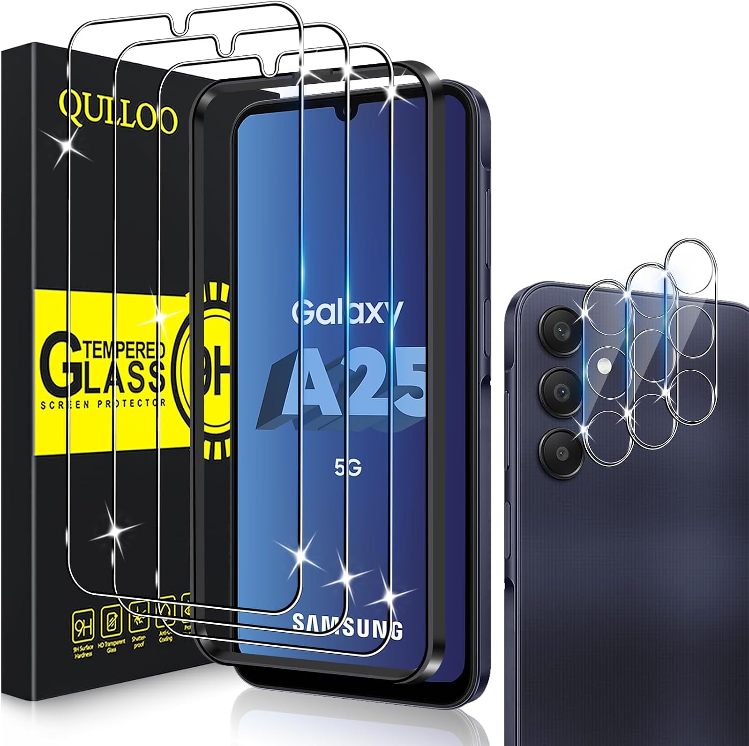 QULLOO Screen Protector for Samsung Galaxy A25 5 G Pack of 3 Screen Protectors with 3 Camera Protection 9 H Hardness Tempered Glass HD Clear Protective Glass Anti-Scratch Film