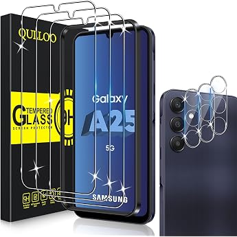 QULLOO Screen Protector for Samsung Galaxy A25 5 G Pack of 3 Screen Protectors with 3 Camera Protection 9 H Hardness Tempered Glass HD Clear Protective Glass Anti-Scratch Film