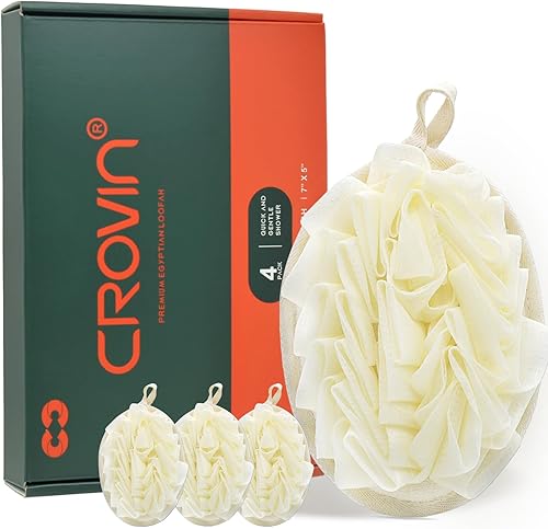 Shower Puff 4 Pack Bath Sponge Shower Loofahs Pouf Large 7x5 Premium Exfoliating Mesh Puffs for Women and Men-Elastic Hand Strap Body Brush to