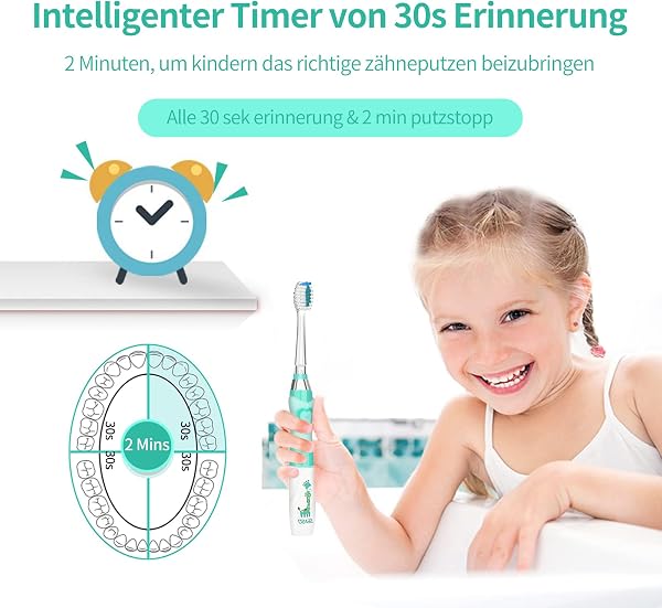 Seago Cepillo de Dientes Infantil Eléctrico Para Niños 3–12 Años Kids Con Luz de Colores,Temporizador Inteligente de 2 minutos,4 Cabezales Suaves SG-EK6/SG-977 (Verde) - 4