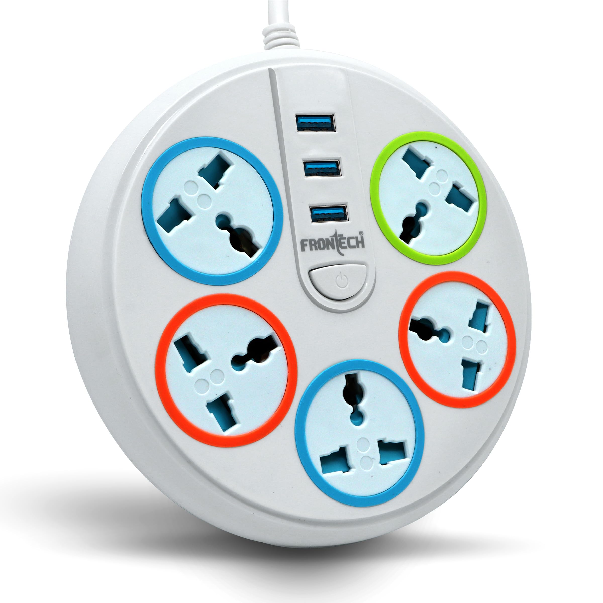 FRONTECH Power Connector with 3 USB Ports | 5 Universal Sockets | Secure Power Distribution with 1.5 Meter Cable | 220V-230V Multi-Plug Power Strip with Spike & Surge Protection (3545 - Multicolor)