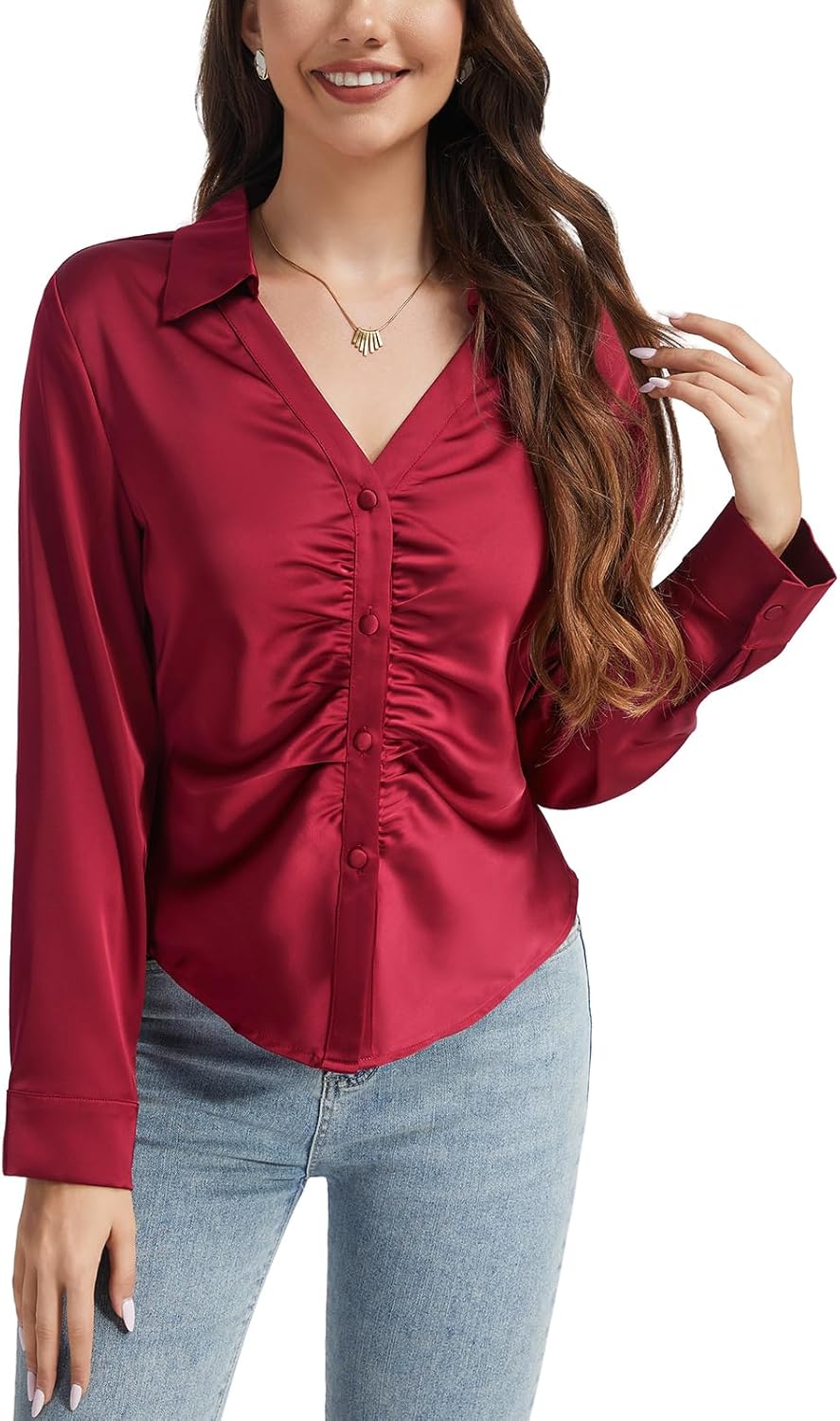 Satin Silk Button Down Shirts for Women Long Sleeve Blouses - Image 2