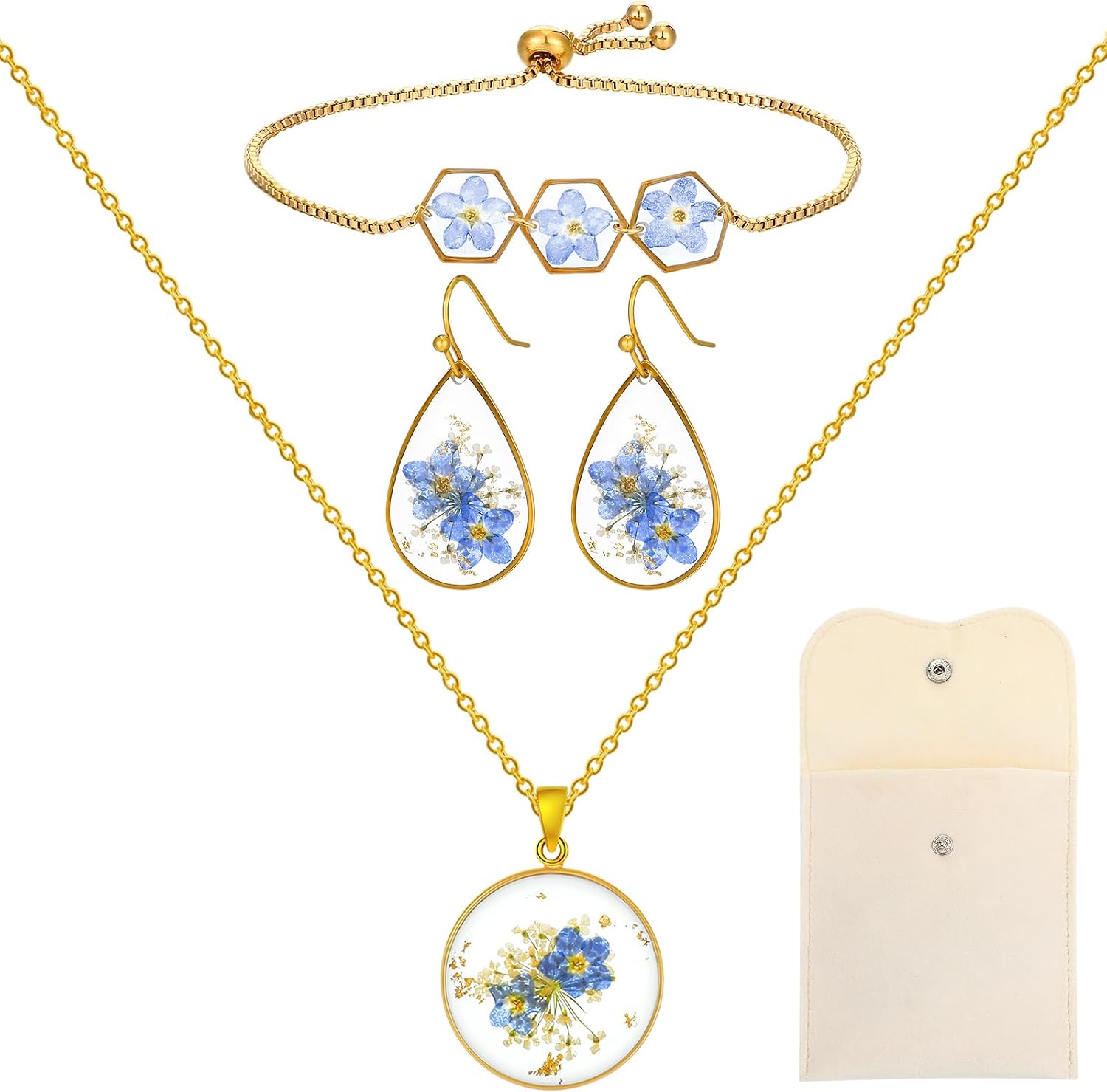 Quelay 4 Pcs Forget Me Not Jewelry Gift for Birthday Presents Blue Pressed Flower Necklace Earrings Bracelet Mother Comfort Miscarriage Gift for Wife Mother Grandma Friend Girlfriend Woman