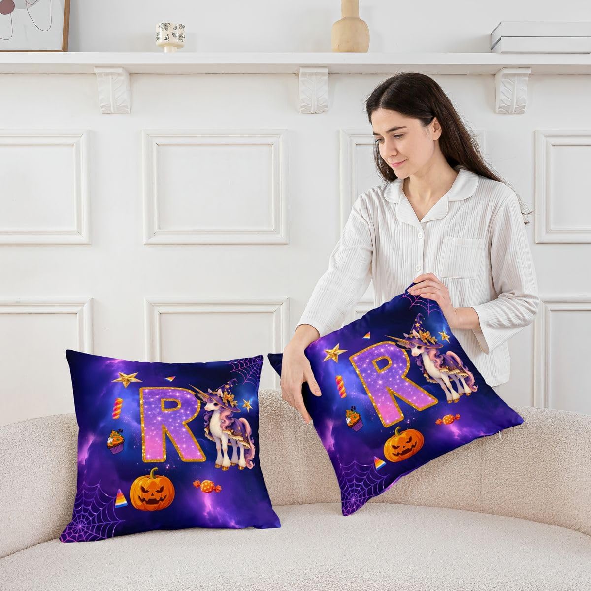 Castle Fairy Happy Halloween Throw Pillow Covers 16"x16" Set of 4,Unicorn Pumpkin Spider Web Cushion Covers for Couch Sofa,Letter Initial R Decorative Pillowcases,Purple R Pillow Cases image 3