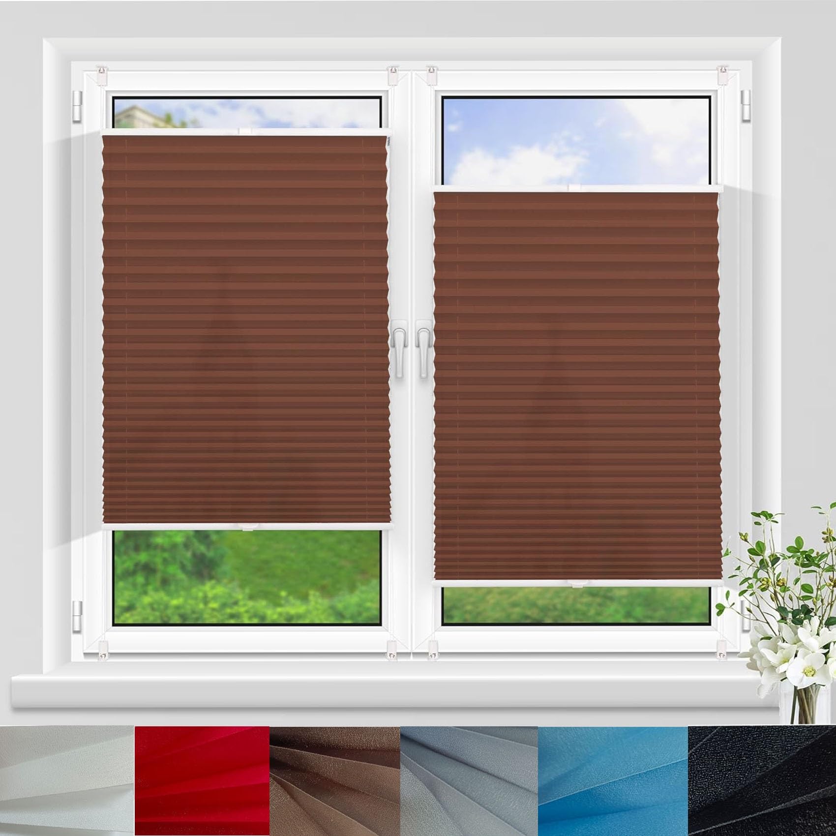 Custom Pleated Blind with NO Drilling 40 x 80 cm Stick on Blinds Curtains Pleated Shades No Drill Blinds Self Adhesive Blinds for Window Privacy Protection, Brown