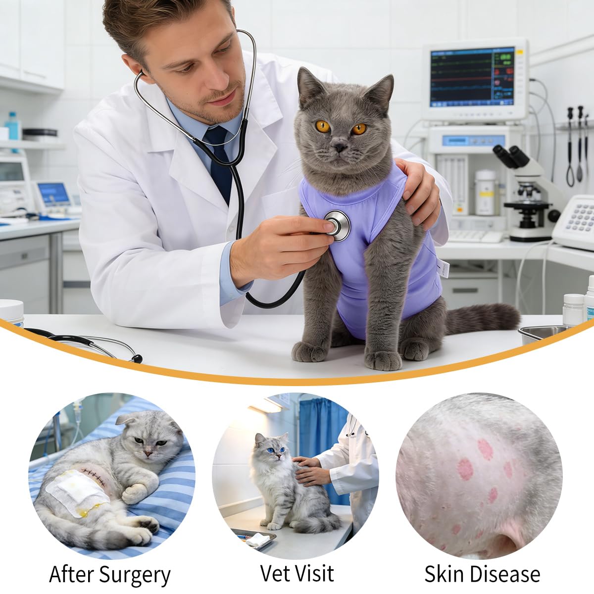 Body Gatto Post Operatorio Tuta Recupero Chirurgico Anti-Leccare Alternative al Collare Elisabettiano Vestito Post Sterilizzazione per Ferite Addominali (Viola, S)