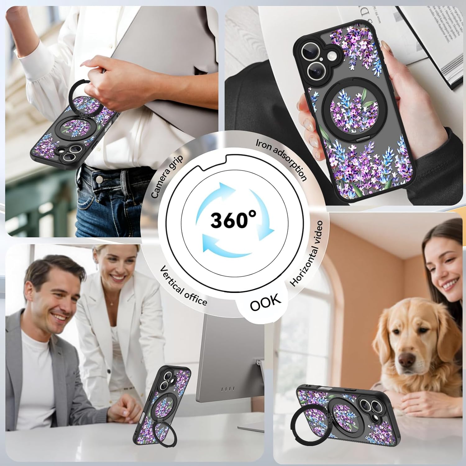 OOK for iPhone 17 Case with Kickstand (6.3") [360° Spin Kickstand] [Wireless Charge Compatible] Slim Translucent Matte Black Cover Cute Floral Design Camera Protection with Screen Protector