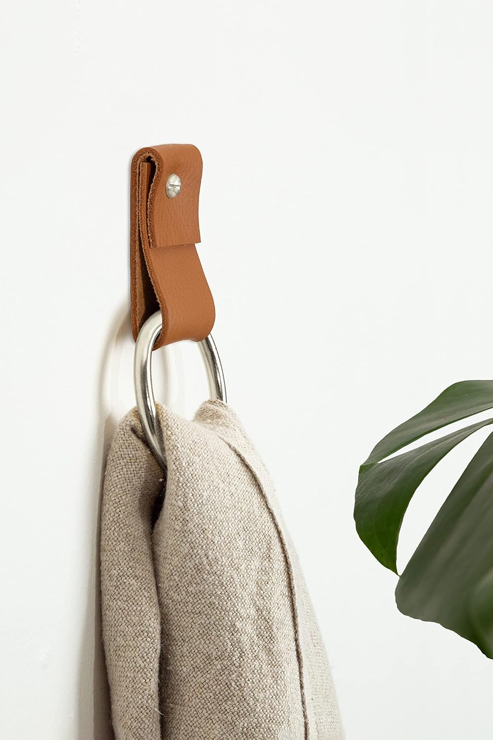 KEYAIIRA - Small Wide Leather Wall Hook, silver towel ring wall hanging strap towel hook for wall leather loop strap minimal towel bar rack storage decorative bathroom hand towel holder