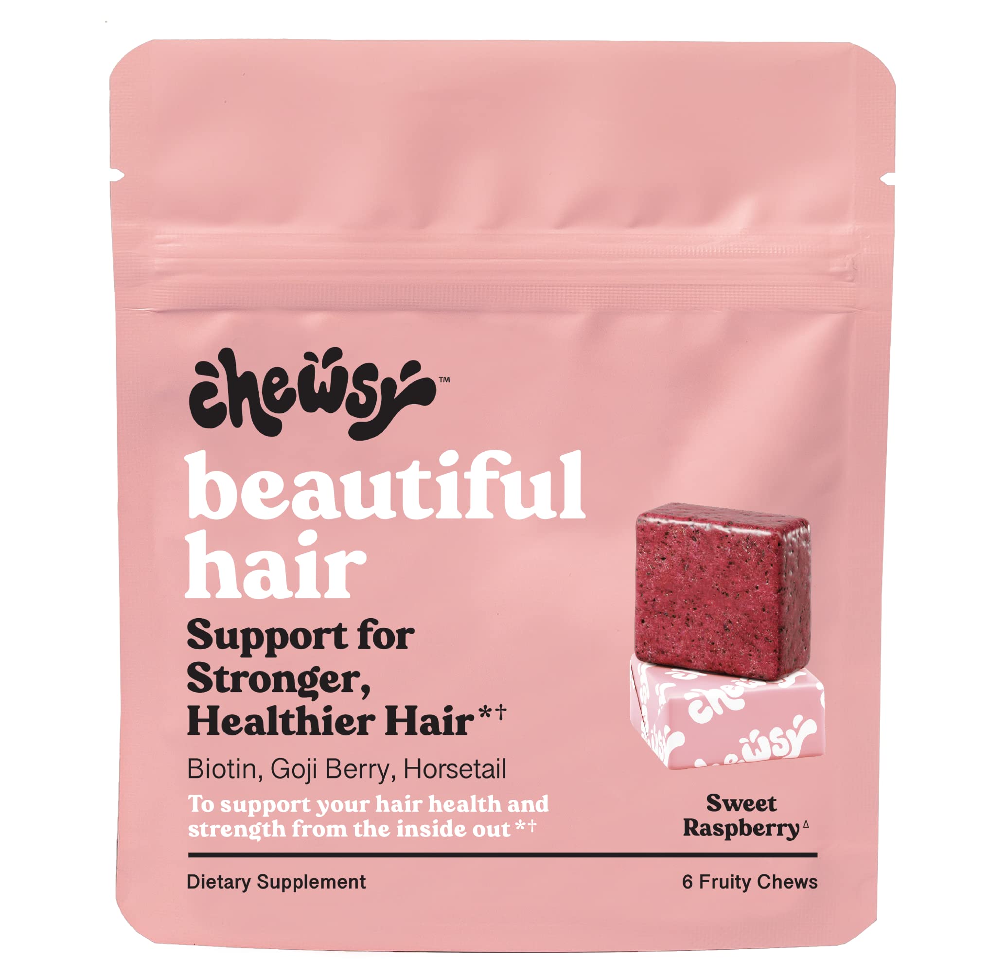 CHEWSY – Suplemento para cabelos mastigável com biotina e vitaminas A, B6, B12, C e D3 – 6 unidades