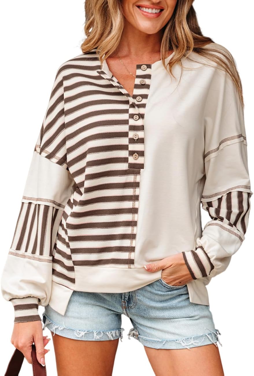 Ecosunny Womens Striped Oversized Sweatshirt Color Block V Neck Long Sleeve Casual Henley Shirts Loose Pullover Tops Fashion