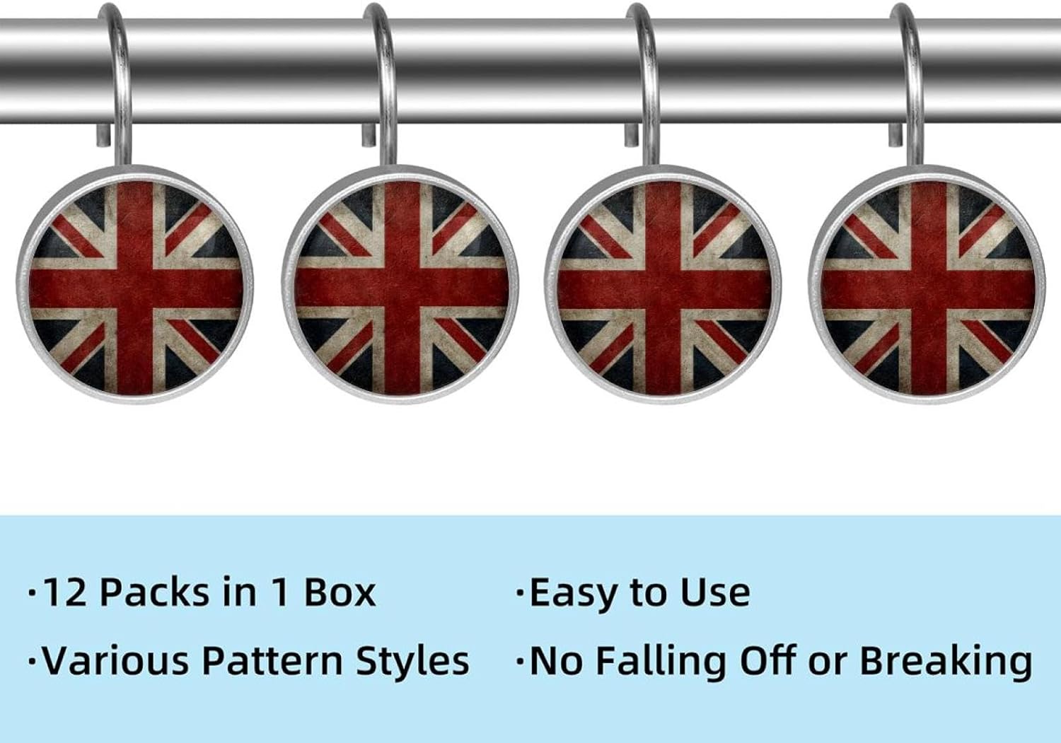 12PCS Union Jack Flag Vintage (1) Shower Curtain Hooks Rings for Bathroom, Decorative Shower Curtain Hooks Rods Curtains and Liner