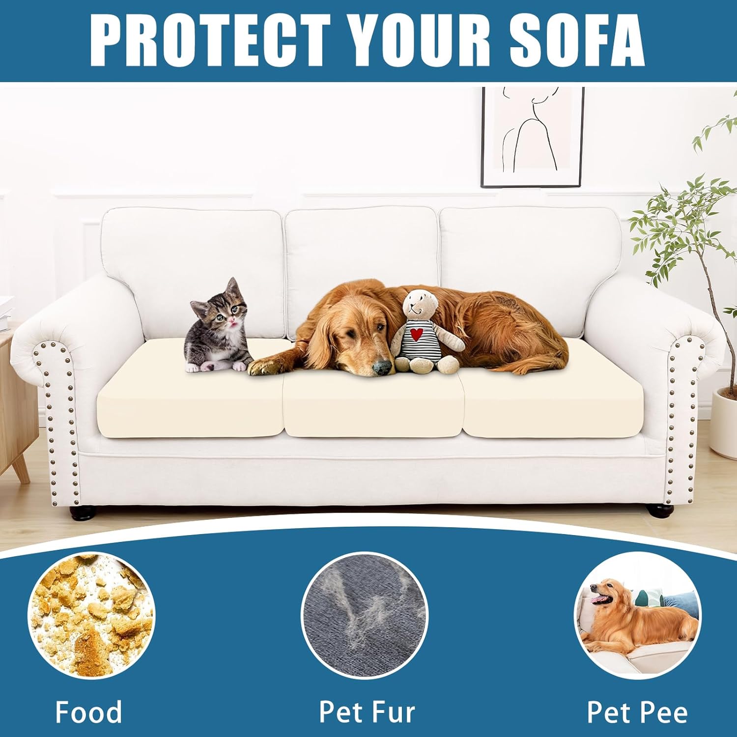 Smiry Waterproof Couch Cushion Covers, Stretch Washable Sofa Cushion Cover, Soft Sofa Slipcover Elastic Non-Slip Furniture Protector for Pets, Kid (3 Pack, Beige)