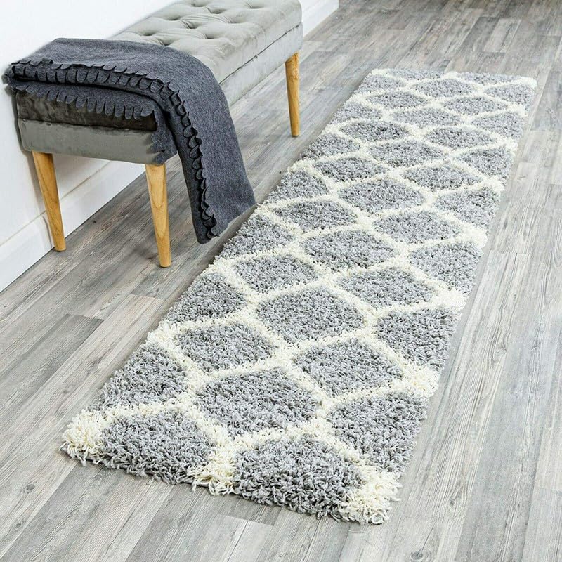 Image of SAGON Anti-Skid Shaggy Carpet Rug for Home | Ultra-Soft Plush Floor Mat for Living Room & Bedroom | Non-Slip, High-Density, Cozy Luxury Decor| 1.6 x 4 Feet Silver Ivory Diamond