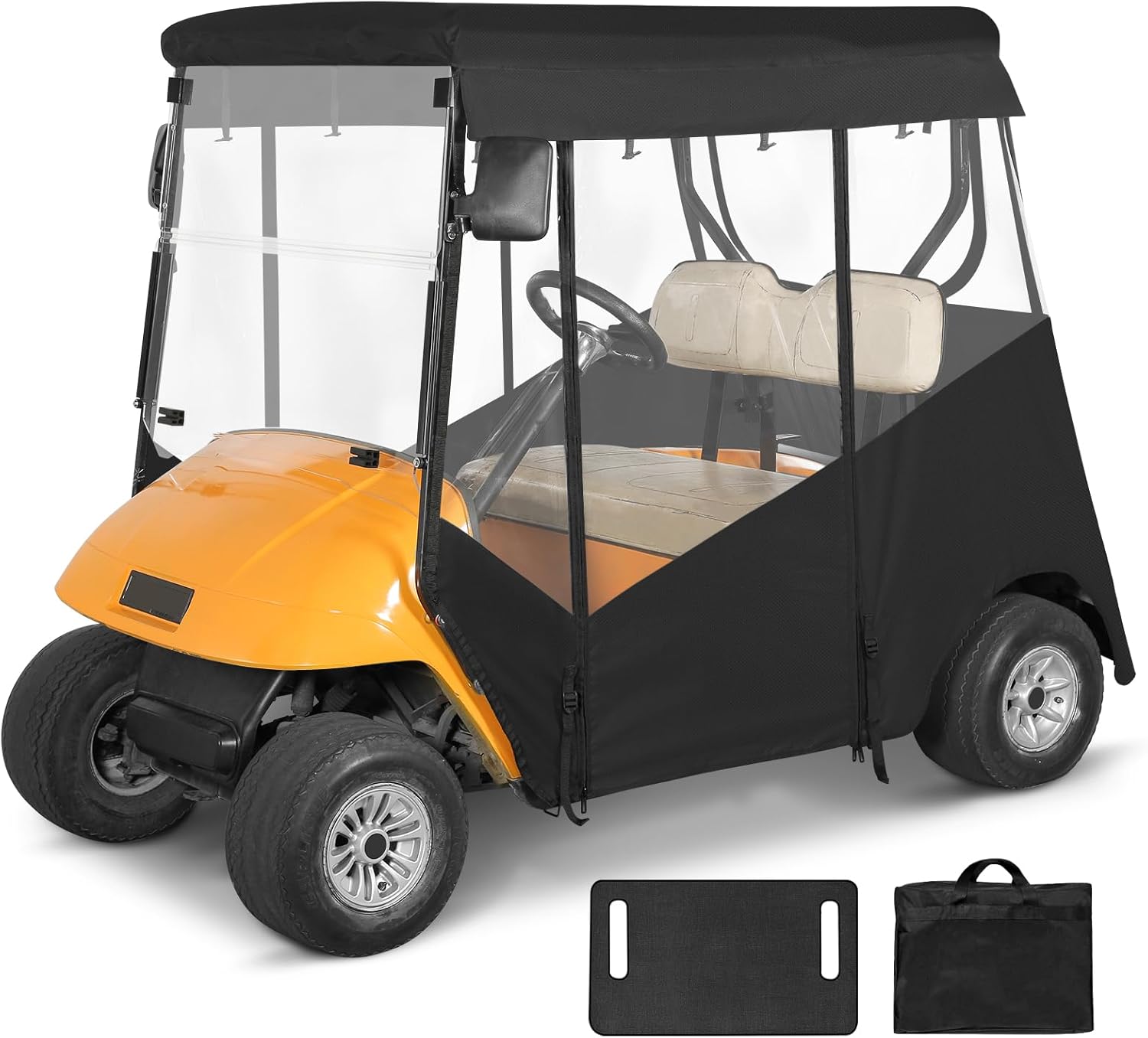 2 Passenger Golf Cart Enclosure for Ezgo TXT, 600D Waterproof Rain Driving Cover with 3 Sided Roll-Up Clear Windows & Doors, Heavy Duty Zippers & Side Mirror Openings