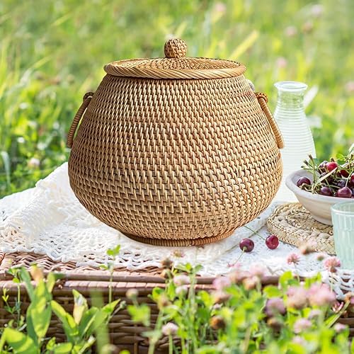 Miniatura 5 de Cesta de almacenamiento redonda de ratán con tapa, caja decorativa de ratán tejida a mano para té, frutas, aperitivos, decoración de escritorio para