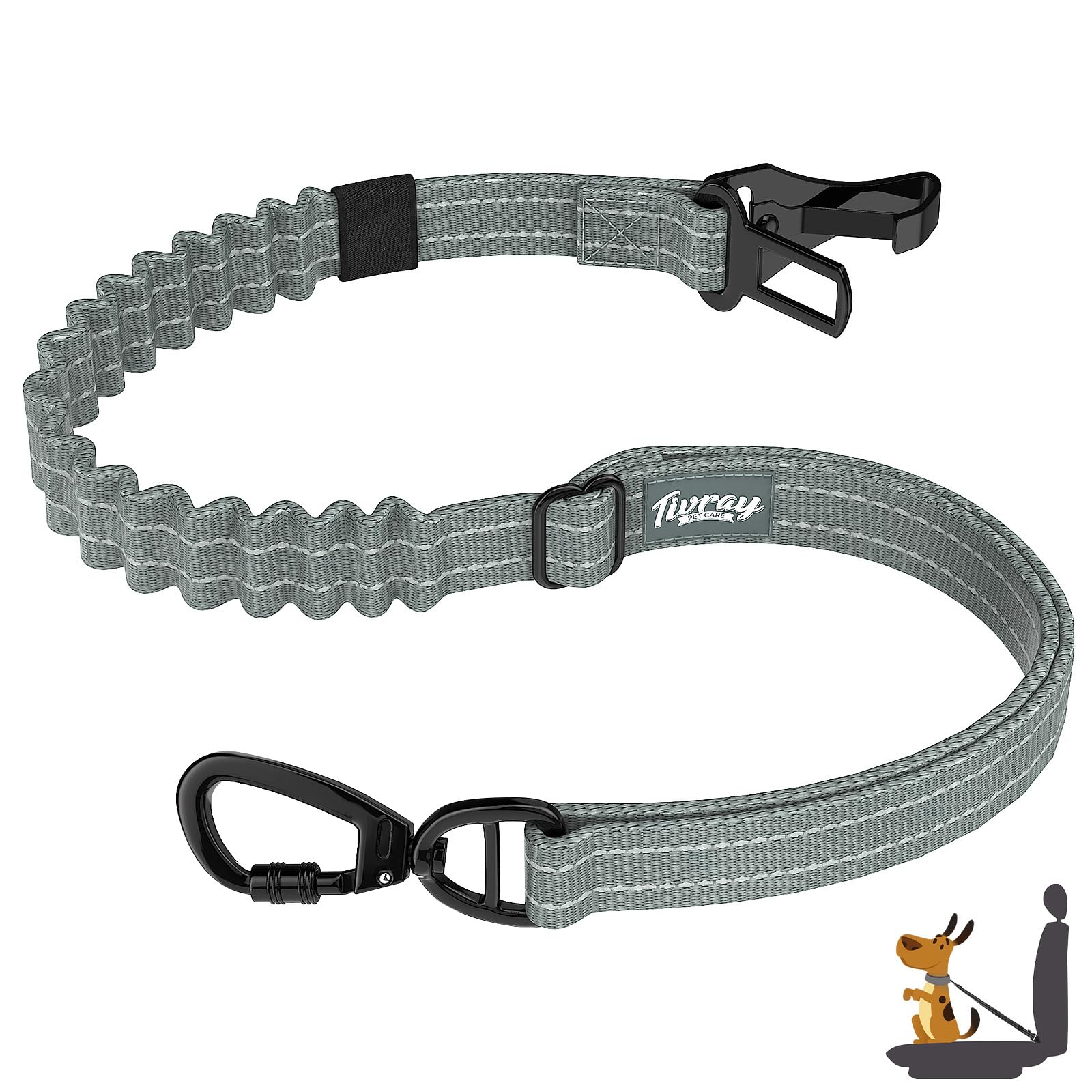 Tivray Anschnallgurt Hund Auto, Bungee Hund Auto Sicherheitsgurt, Auto Sicherheitsleine mit Schnalle und Clip Haken, Einstellbar Reflex Geschirr Tether, 360° Swivel Karabiner, Grau